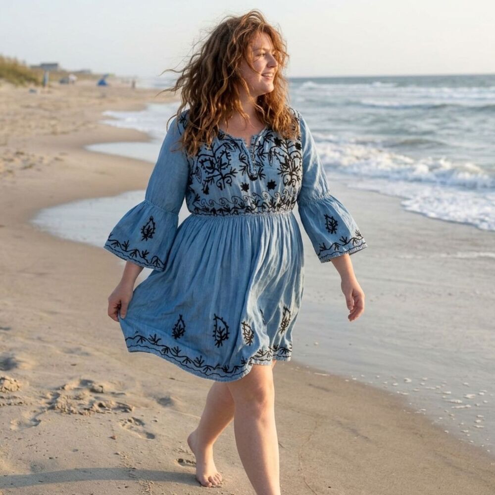 Riviera Sun Boho Dress Light Denim Blue With Black Embroidery Plus Size 1X